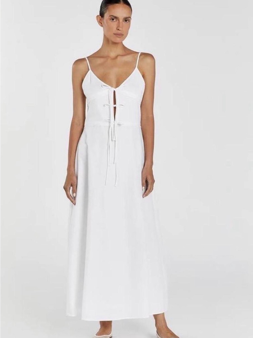 Dissh linen White Spaghetti-Strap Maxi Dress with Front Tie